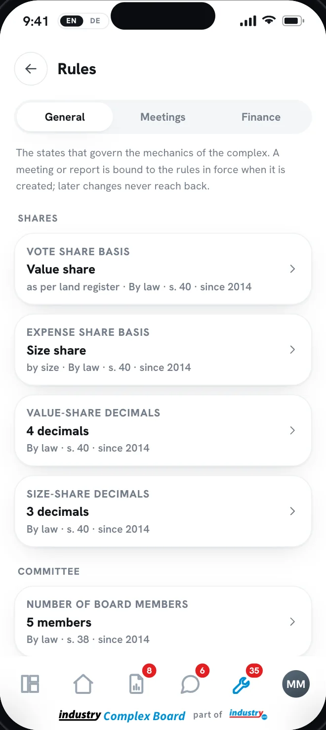Mobile rules register with values and basis